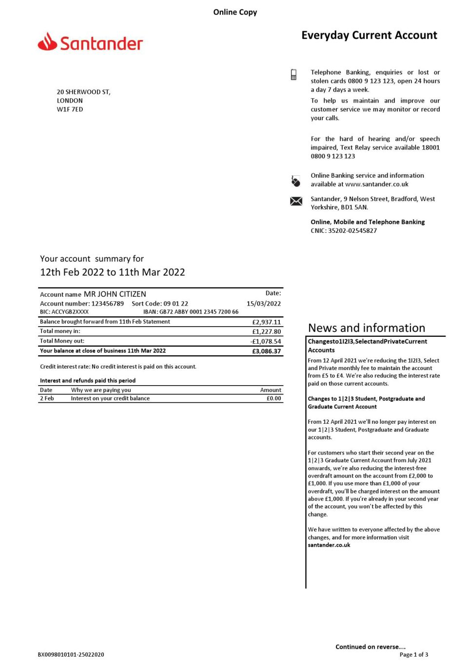 United Kingdom Santander bank statement Word and PDF template, 3 pages, version 1