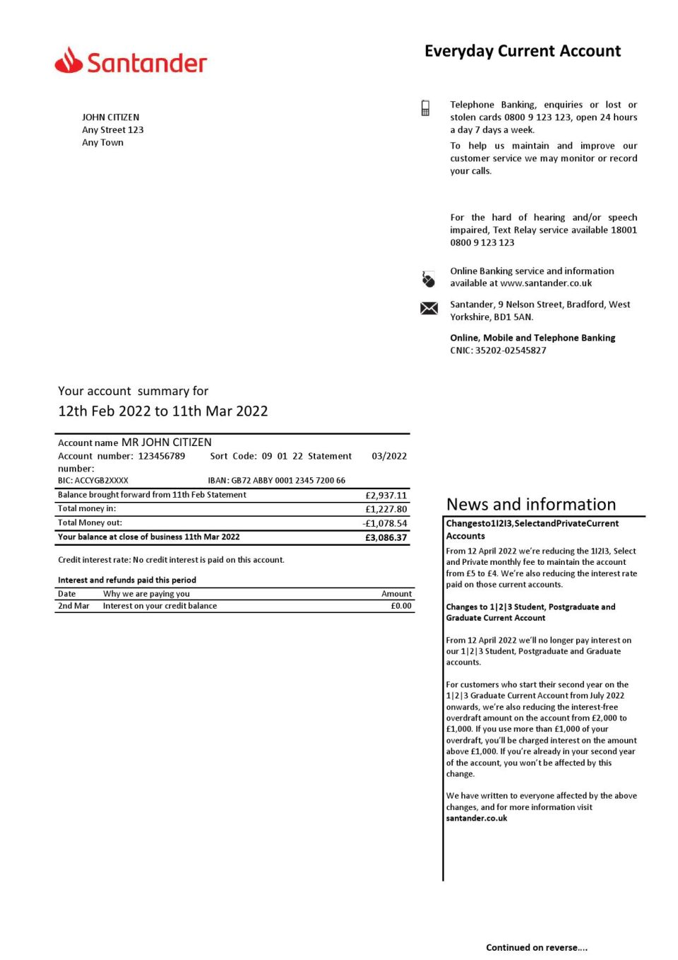 United Kingdom Santander bank statement Word and PDF template, 3 pages, version 2