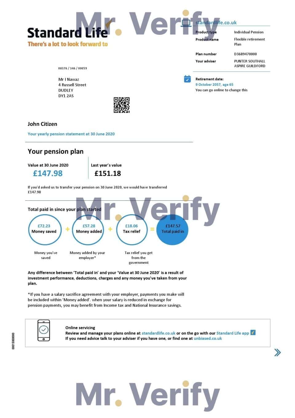 United Kingdom Standard Life proof of address pension statement in Excel and PDF (.xls and .pdf) format
