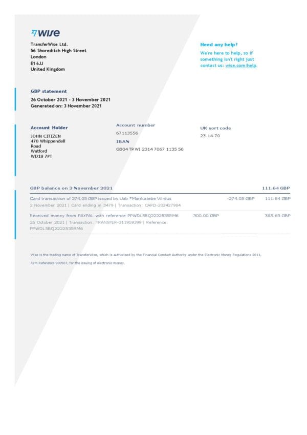 United Kingdom Wise bank statement template in Word and PDF format