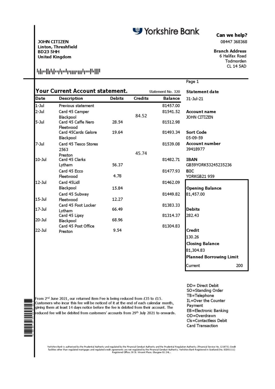 United Kingdom Yorkshire bank statement easy to fill template in Excel and PDF format
