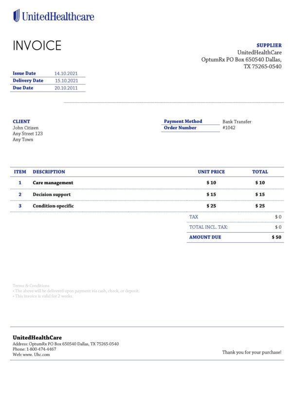 USA UnitedHealthCare invoice template in Word and PDF format