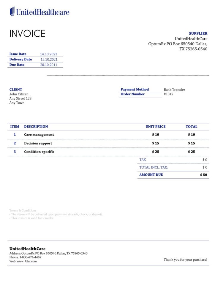 USA UnitedHealthCare invoice template in Word and PDF format, fully editable