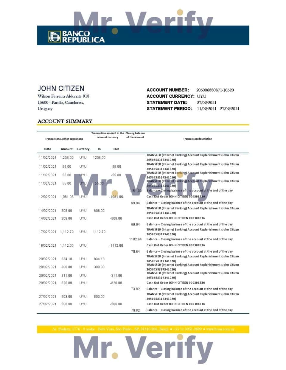 Uruguay Banco De La Republica Oriental Del Uruguay bank statement template in .xls and .pdf file format