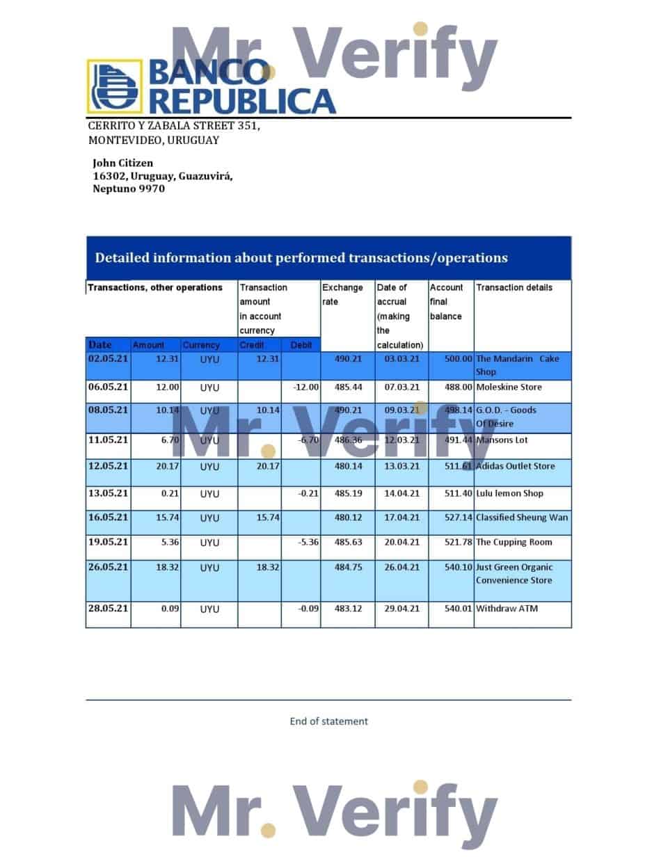 Uruguay Banco de la República Oriental del Uruguay bank statement template in Excel and PDF format, good for address prove