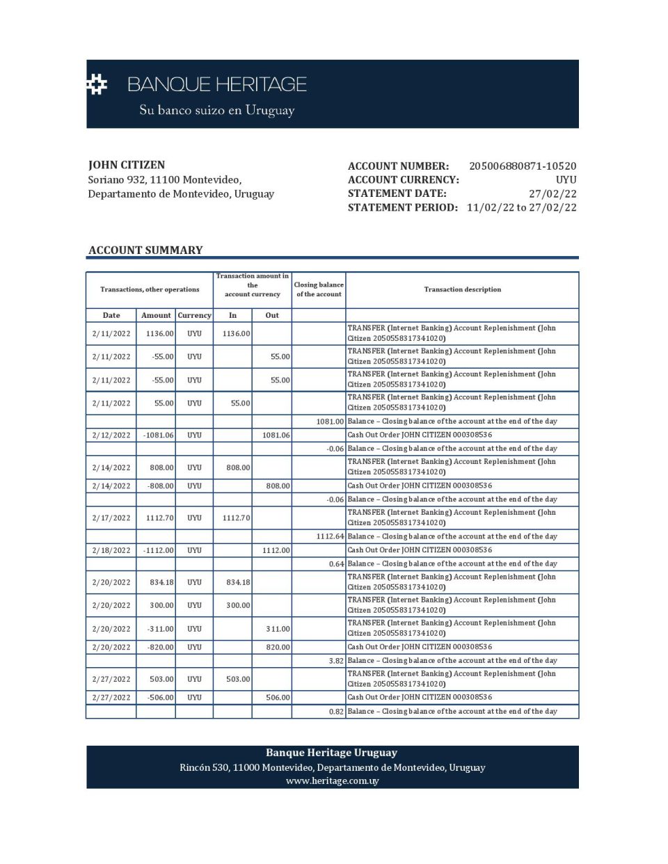 Uruguay Banque Heritage bank statement, Excel and PDF template