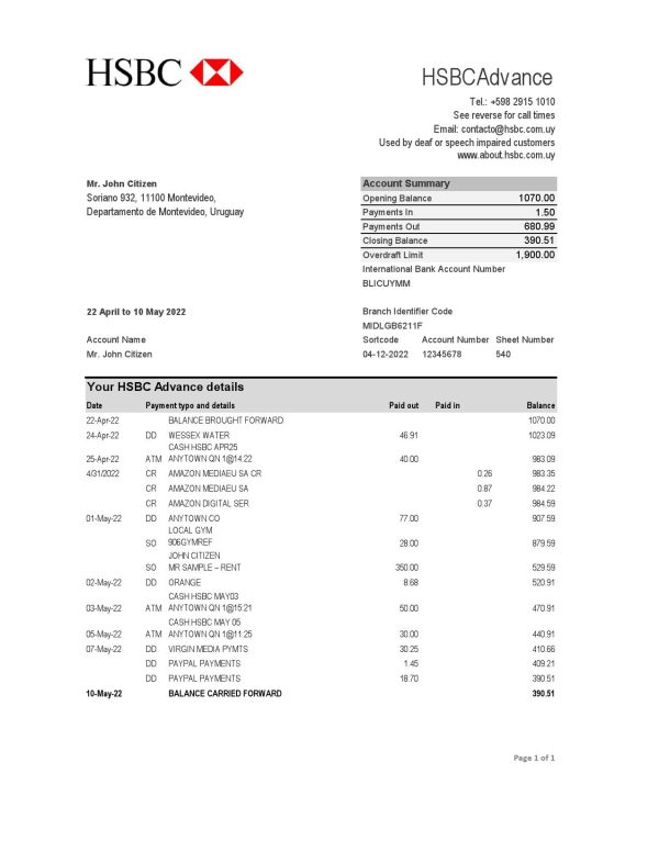 Uruguay HSBC bank statement, Excel and PDF template
