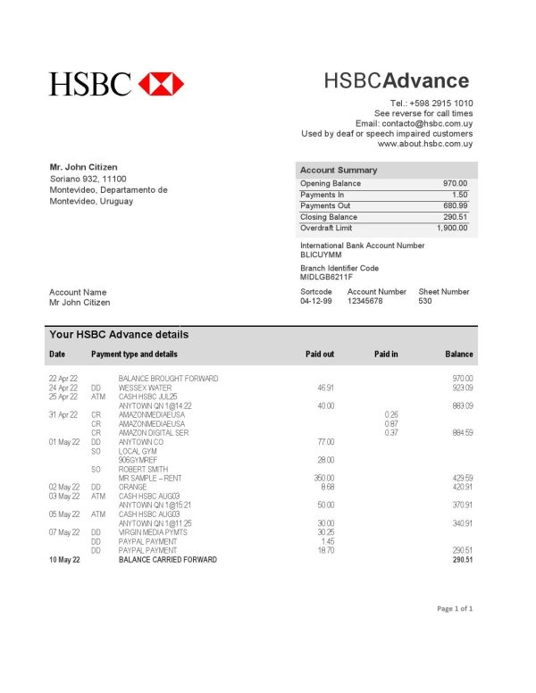 Uruguay HSBC bank statement template in Word and PDF format