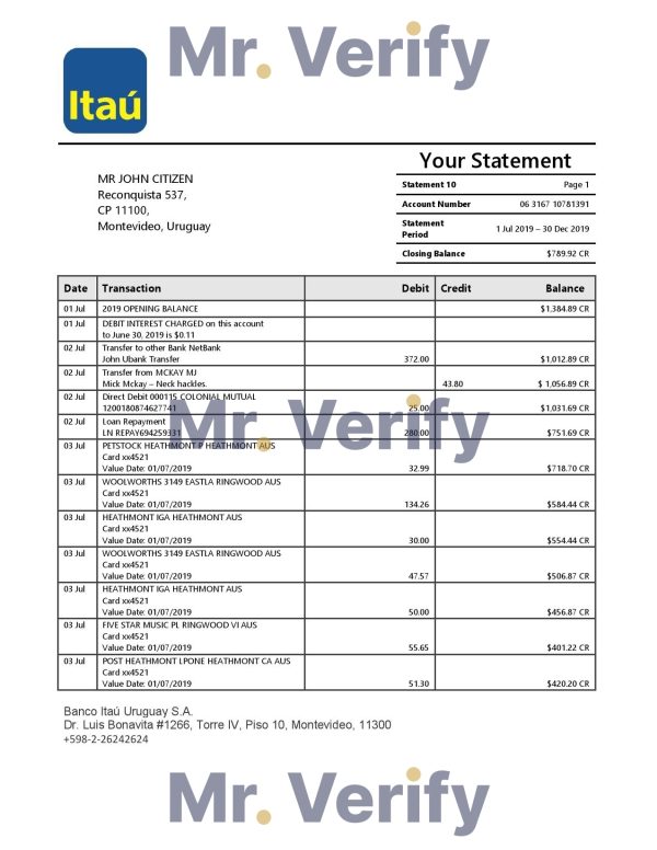 Uruguay Itau bank statement template in Word and PDF format
