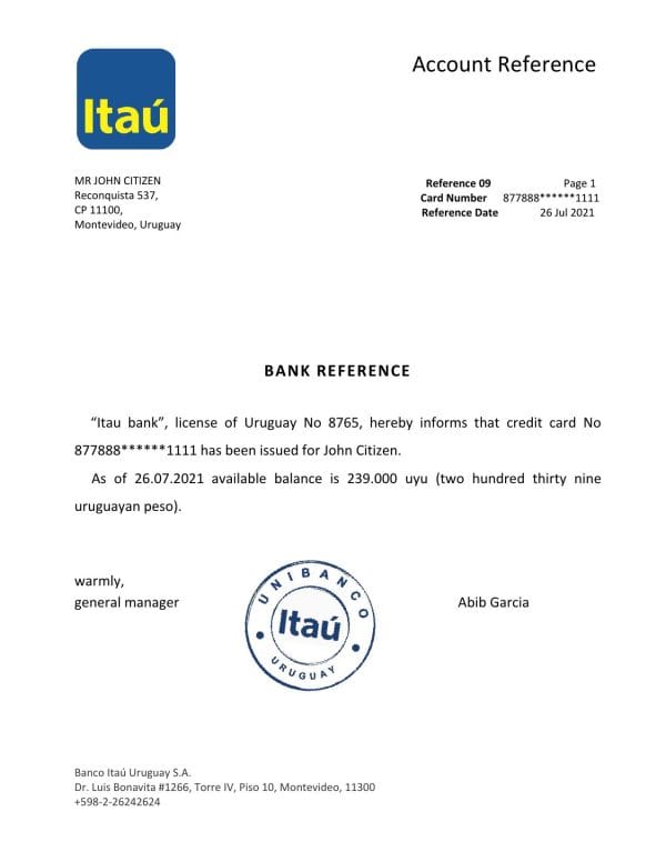 Download Uruguay Itau Bank Reference Letter Templates | Editable Word