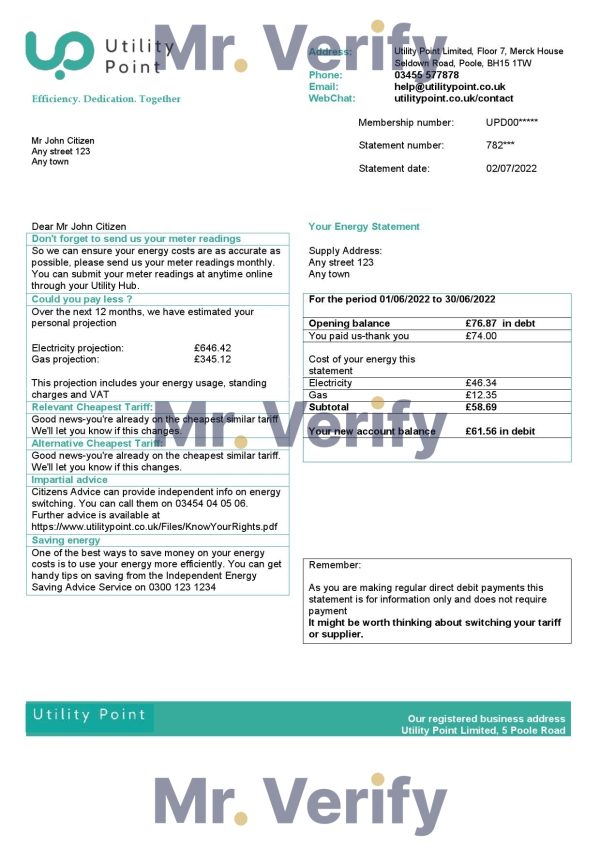 United Kingdom Utility Point utility bill template in Word and PDF format