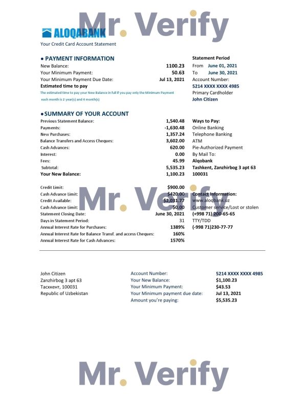 Uzbekistan Aloqabank Bank statement easy to fill template in .xls and .pdf file format 600x776 - Cart