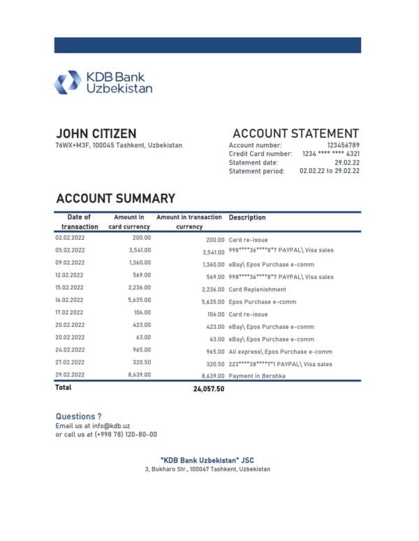 Uzbekistan KDB bank statement, Excel and PDF format