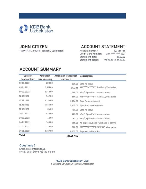 Algeria Banque de Developpement Local (BDL) bank account statement template in Word and PDF format