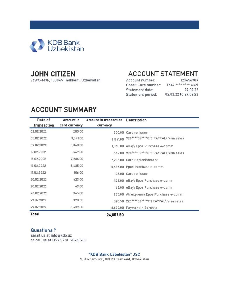 Uzbekistan KDB bank statement, Excel and PDF format