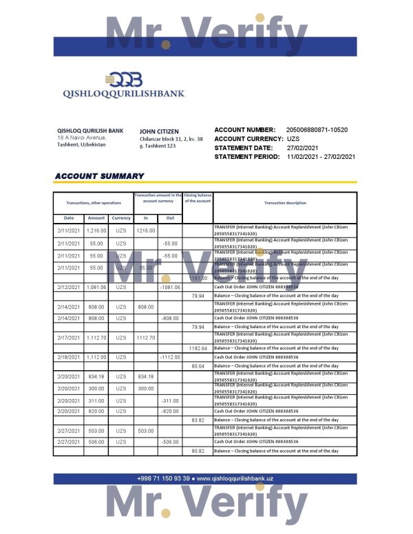 Uzbekistan Qishloq Qurilish Bank statement easy to fill template in Excel and PDF format 600x776 - Cart