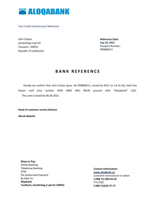 Uzbekistan Aloqabank account closure reference letter template in Word and PDF format