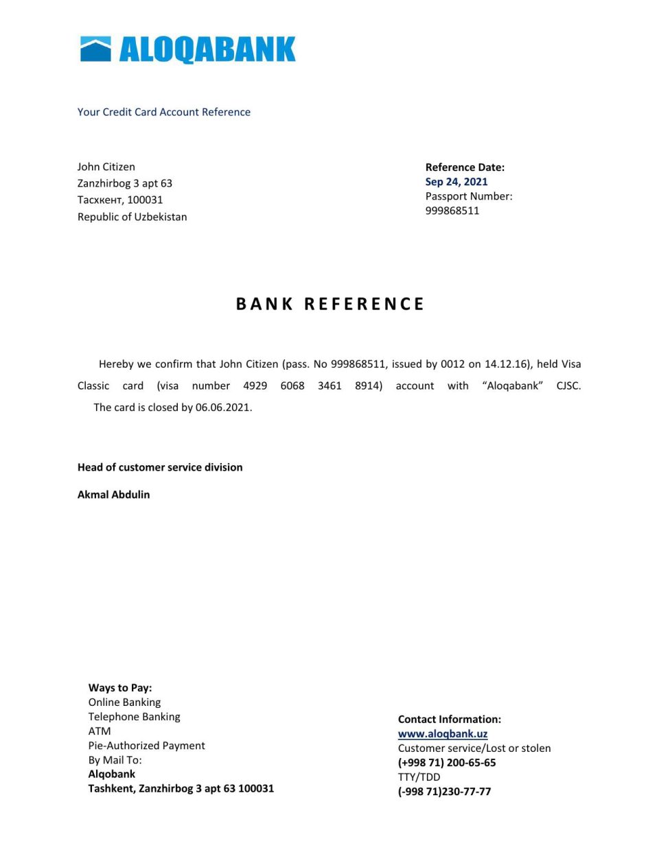 Uzbekistan Aloqabank account closure reference letter template in Word and PDF format