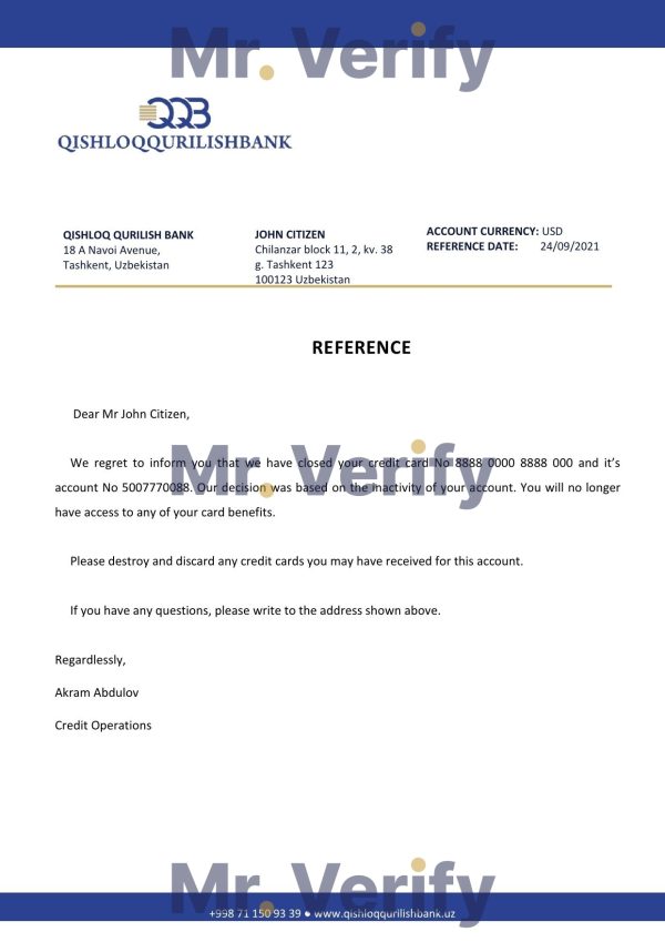 Uzbekistan Qishloq Qurilish Bank account closure reference letter template in Word and PDF format