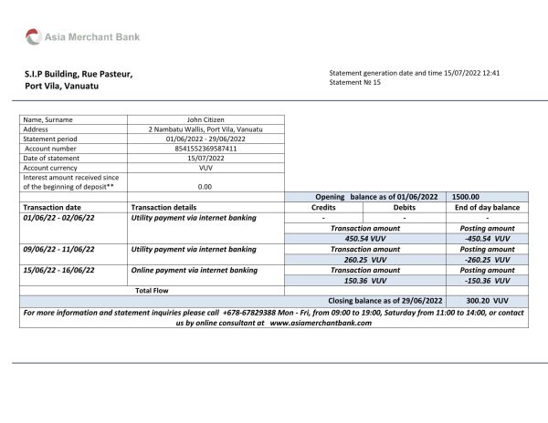 Vanuatu Asia Merchant bank statement template in Word and PDF format 600x464 - Cart