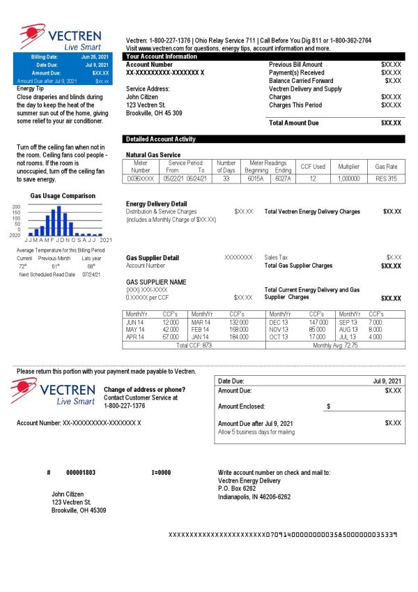 USA Ohio Vectren Energy utility bill template in Word and PDF format