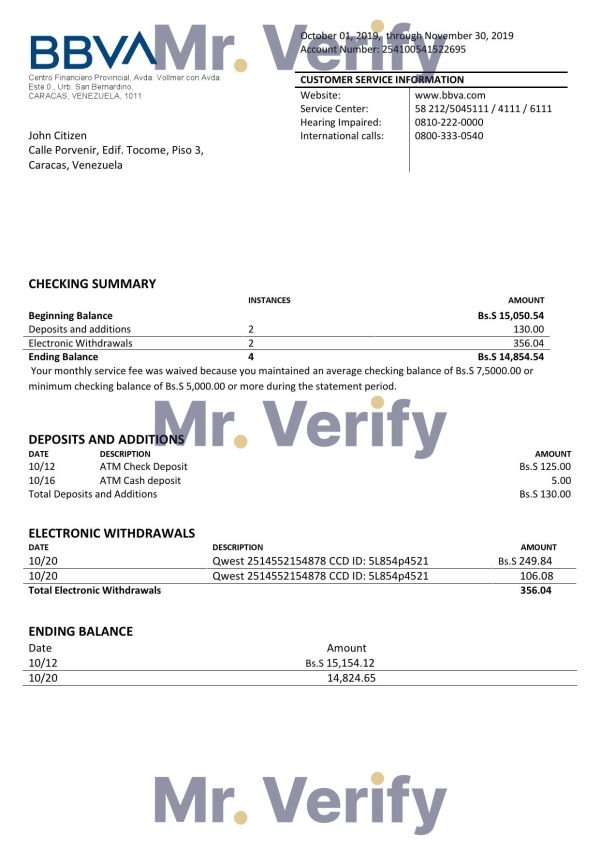 Venezuela BBVA bank proof of address statement template in Word and PDF format (.doc and .pdf)