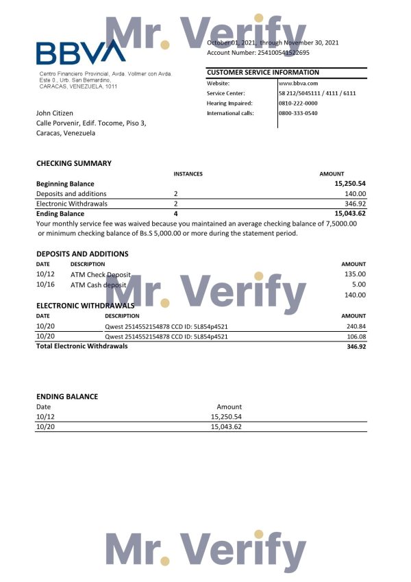 Venezuela BBVA bank statement easy to fill template in .xls and .pdf file format