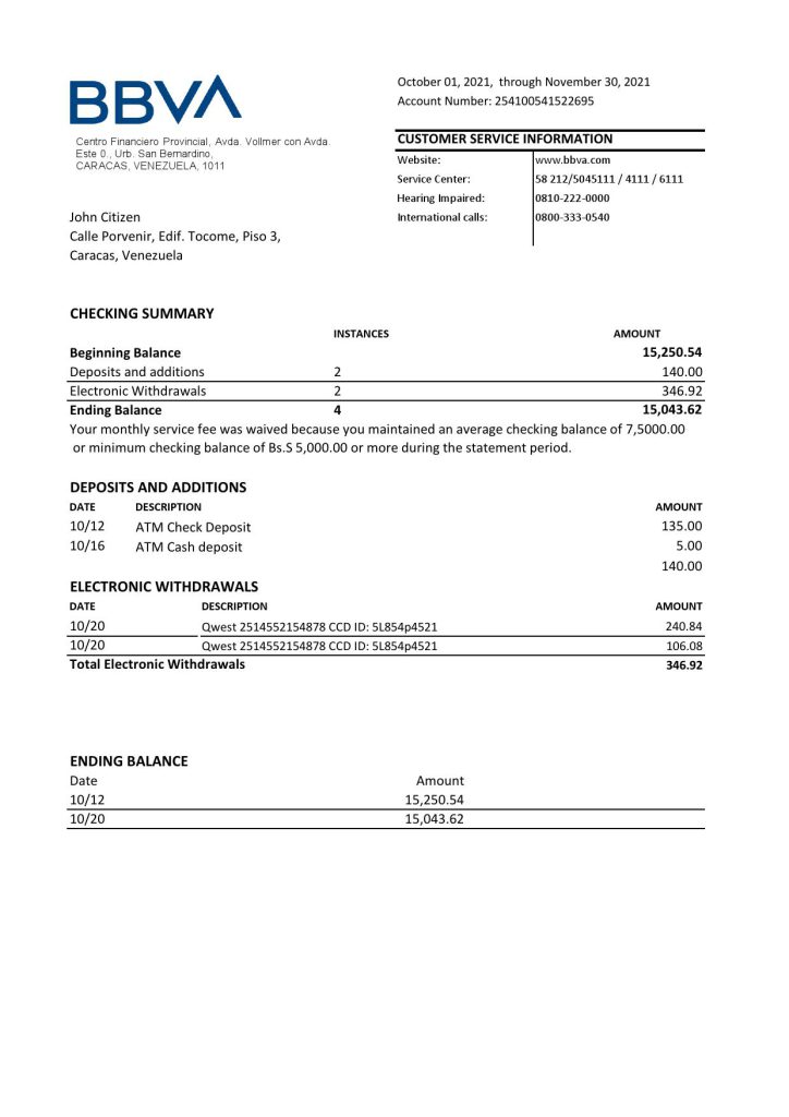 Venezuela BBVA bank statement easy to fill template in .xls and .pdf file format