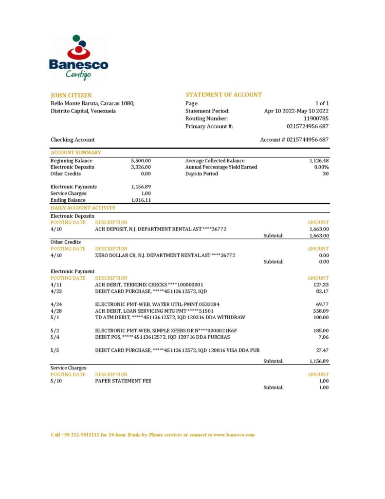 Venezuela Banesco bank statement, Excel and PDF template