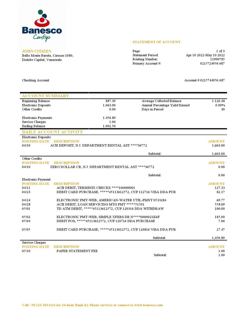 Venezuela Banesco bank statement template in Word and PDF format
