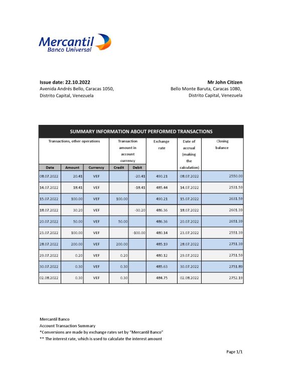 Venezuela Mercantil bank statement Excel and PDF template 600x776 - Cart