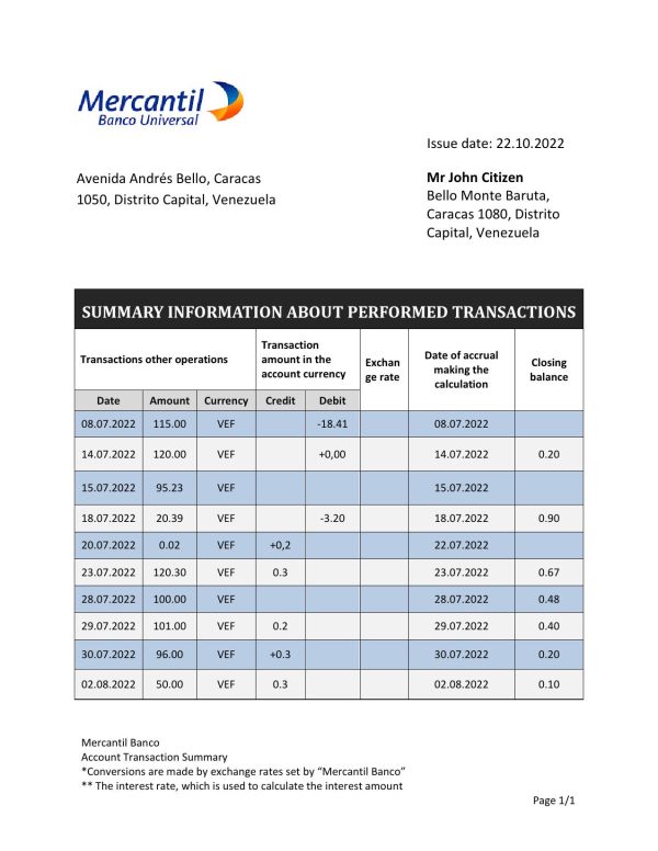 Venezuela Mercantil bank statement template in Word and PDF format 600x776 - Cart