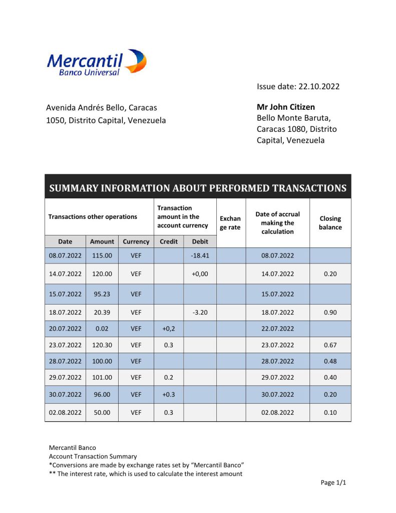 Venezuela Mercantil bank statement template in Word and PDF format