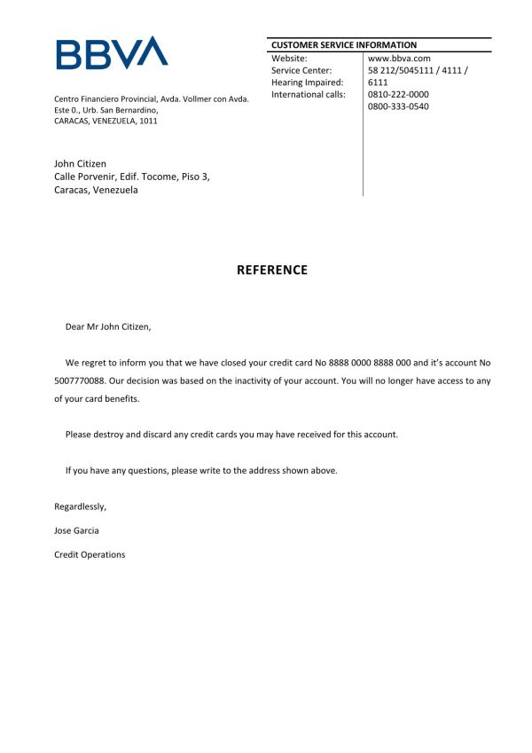 Venezuela BBVA bank account closure reference letter template in Word and PDF format