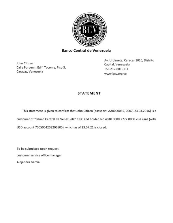 Venezuela Banco Central de Venezuela bank account closure reference letter template in Word and PDF format