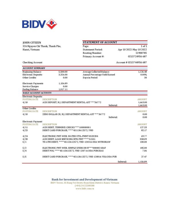 Vietnam BIDV bank statement Excel and PDF template 600x776 - Cart