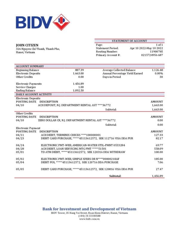 Vietnam BIDV bank statement template in Word and PDF format