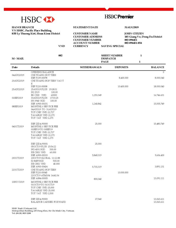 Philippines Bank of Communications proof of address bank statement template in Word and PDF format