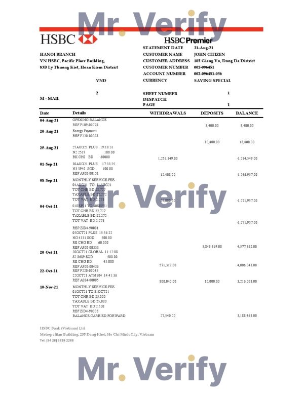 Vietnam HSBC bank statement easy to fill template in .xls and .pdf file format 600x776 - Cart