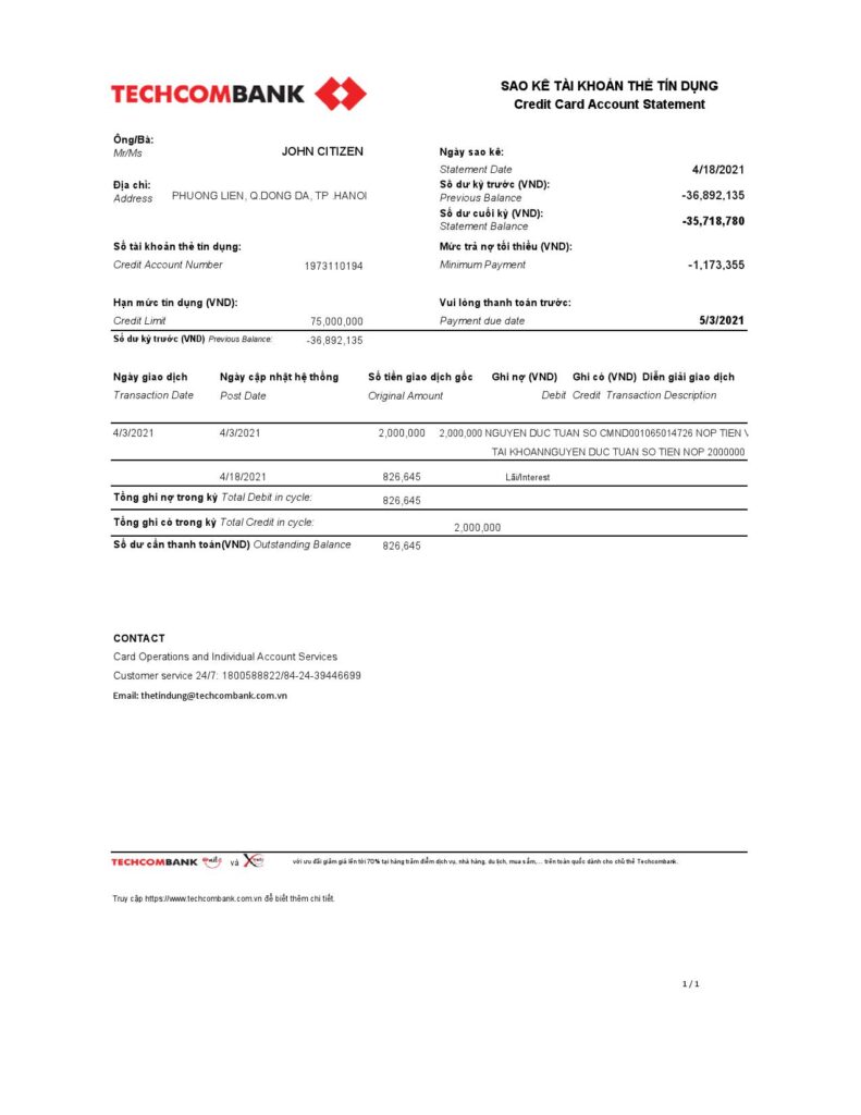 Vietnam Techcombank bank statement easy to fill template in Excel and PDF format
