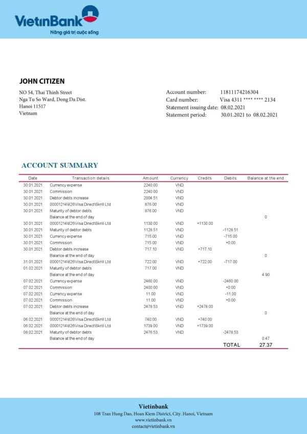 Vietnam Vietinbank bank proof of address statement template in Word and PDF format