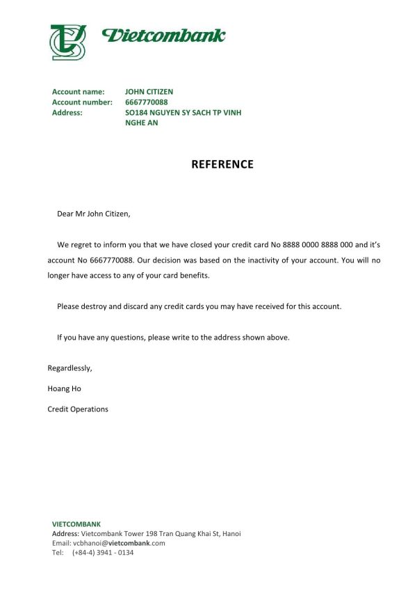 Vietnam Vietcombank bank account closure reference letter template in Word and PDF format