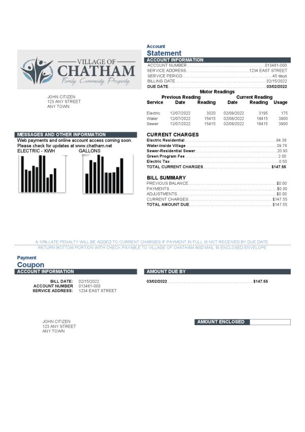 USA Village of Chatham utility bill template in Word and PDF format