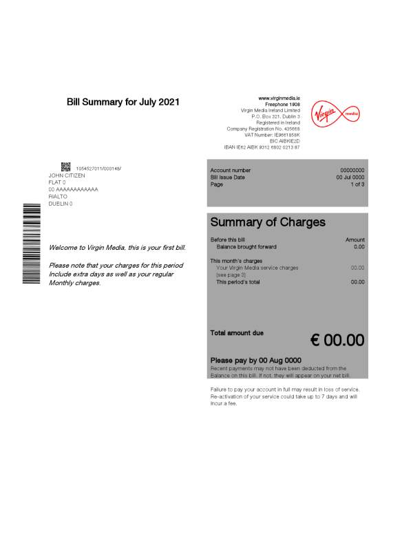 Ireland Virgin Media utility bill template editable in Word and PDF, version 1