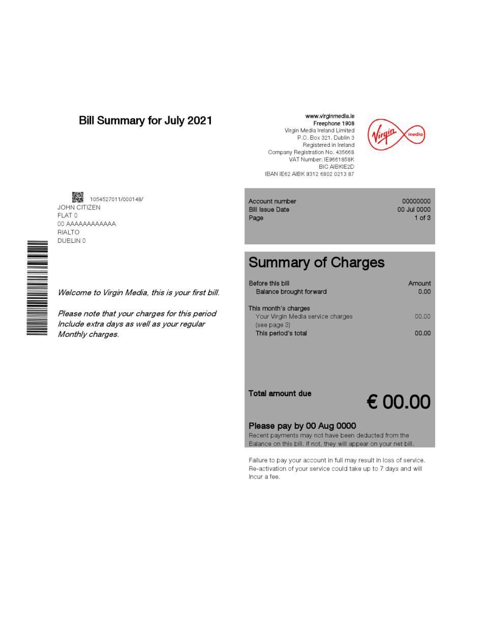 Ireland Virgin Media utility bill template in Word and PDF format, version 2
