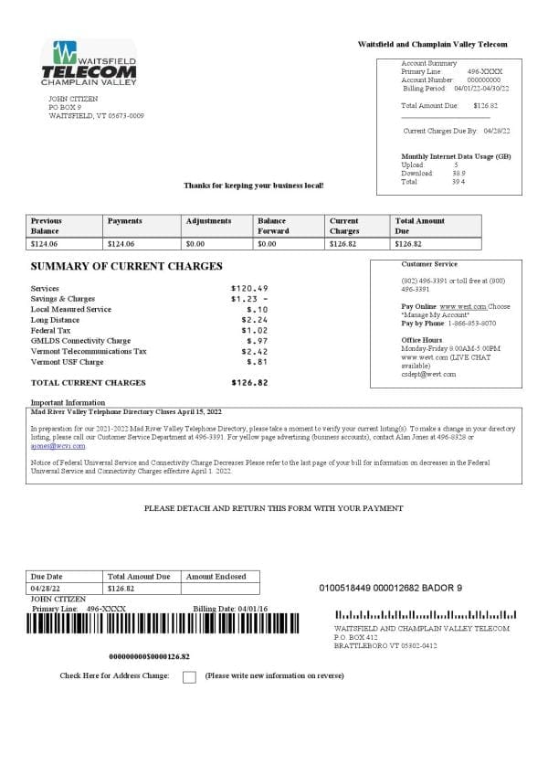 USA Waitsfield Telecom utility bill template in Word and PDF format