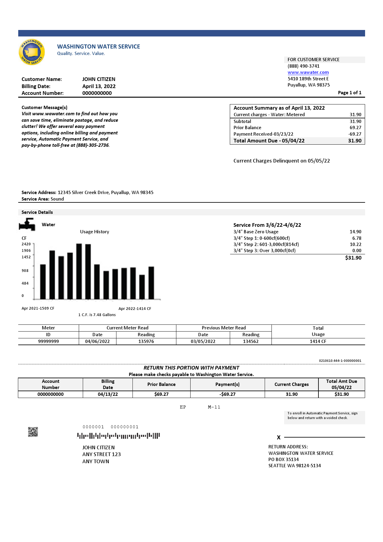 USA Washington Water Service utility bill template in Word and PDF format