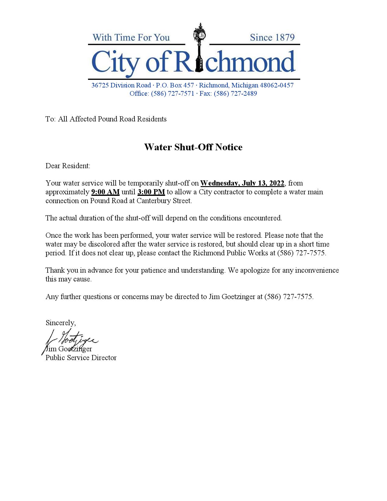 USA Michigan City of Richmond water utility bill shutoff notice, Word and PDF template