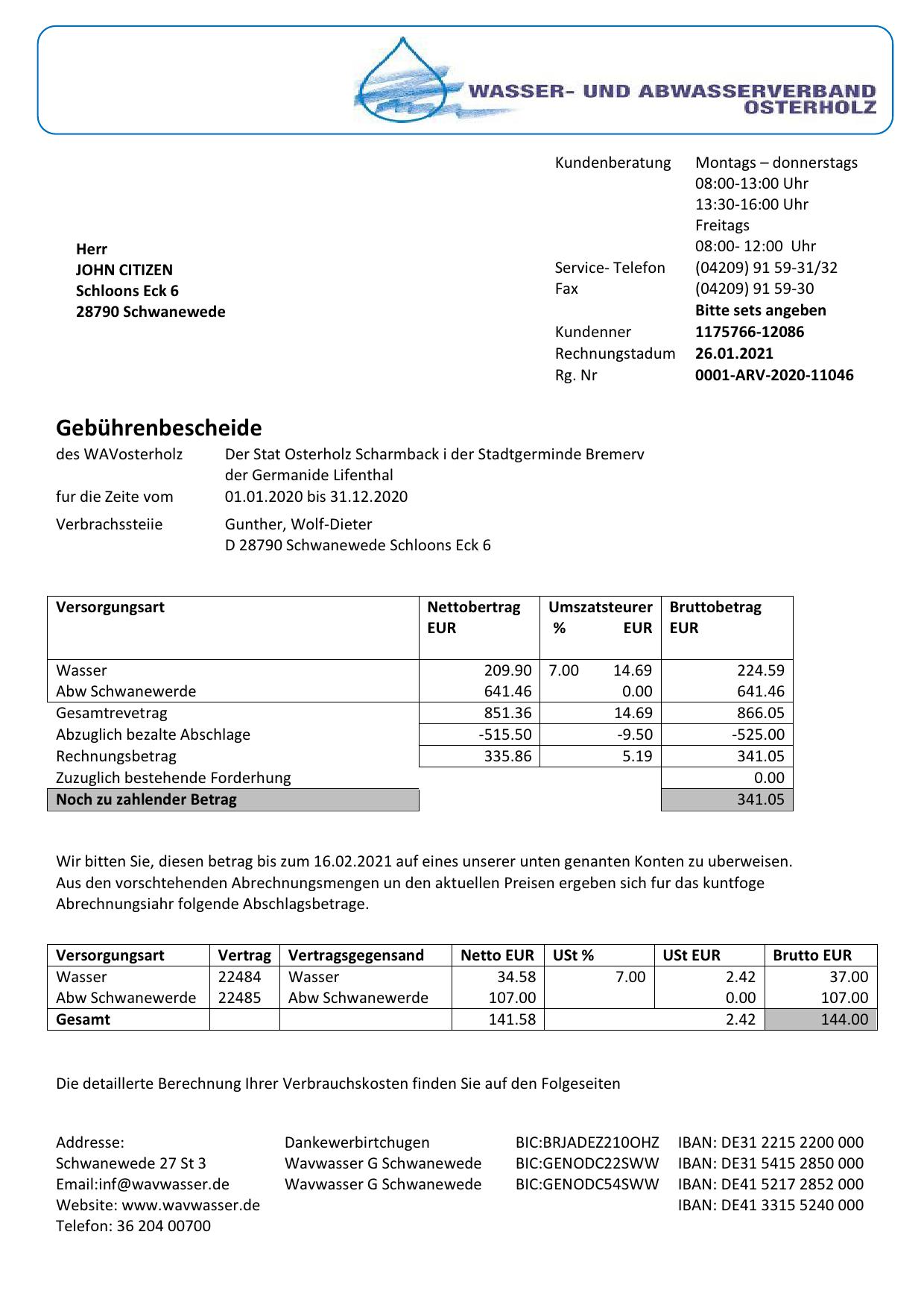 Germany Wavwasser utility bill template in Word and PDF format