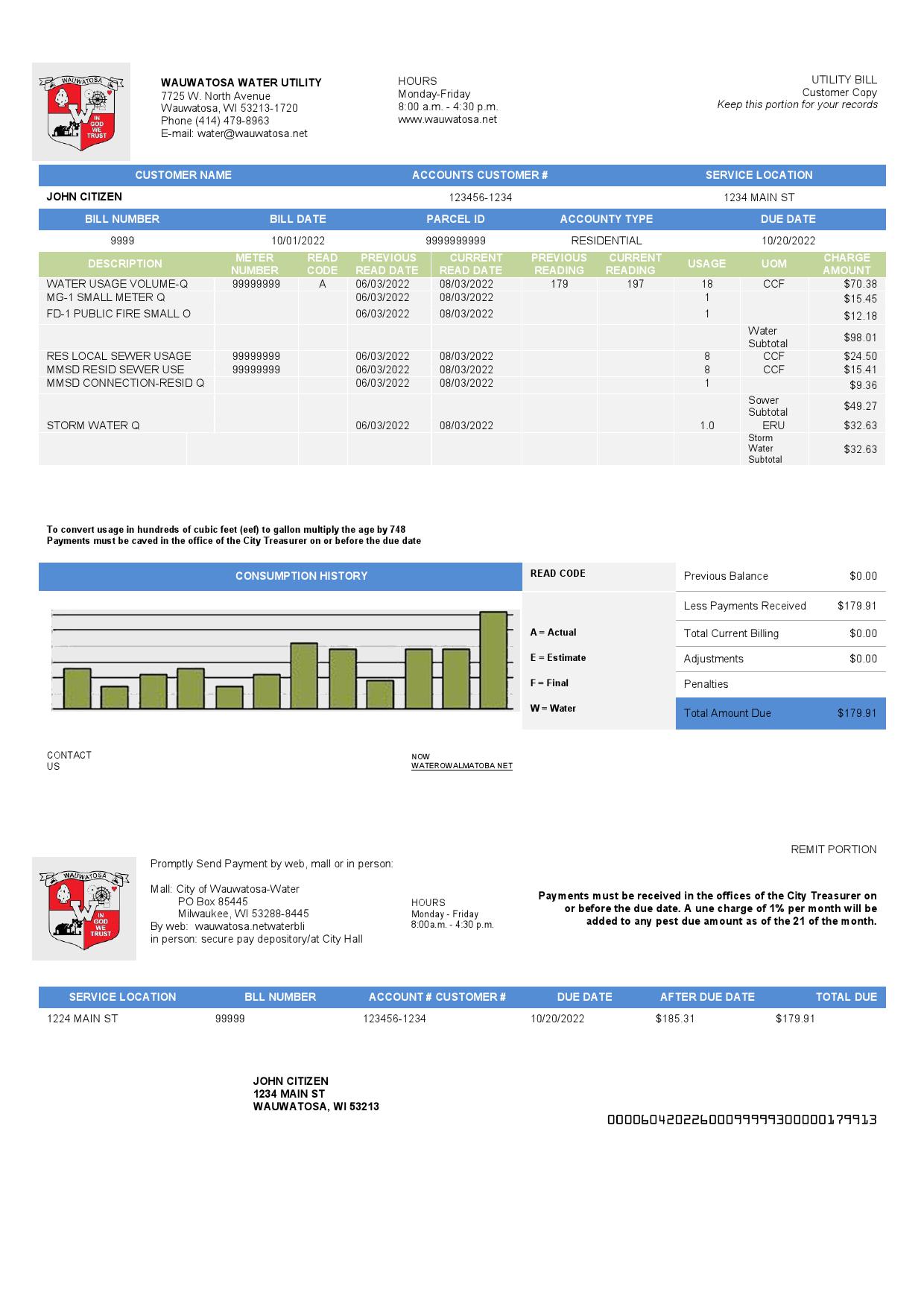 USA Wawatosa Water Utility utility bill template in Word and PDF format